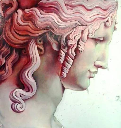 A classical marble head in profile, the curls washed in red